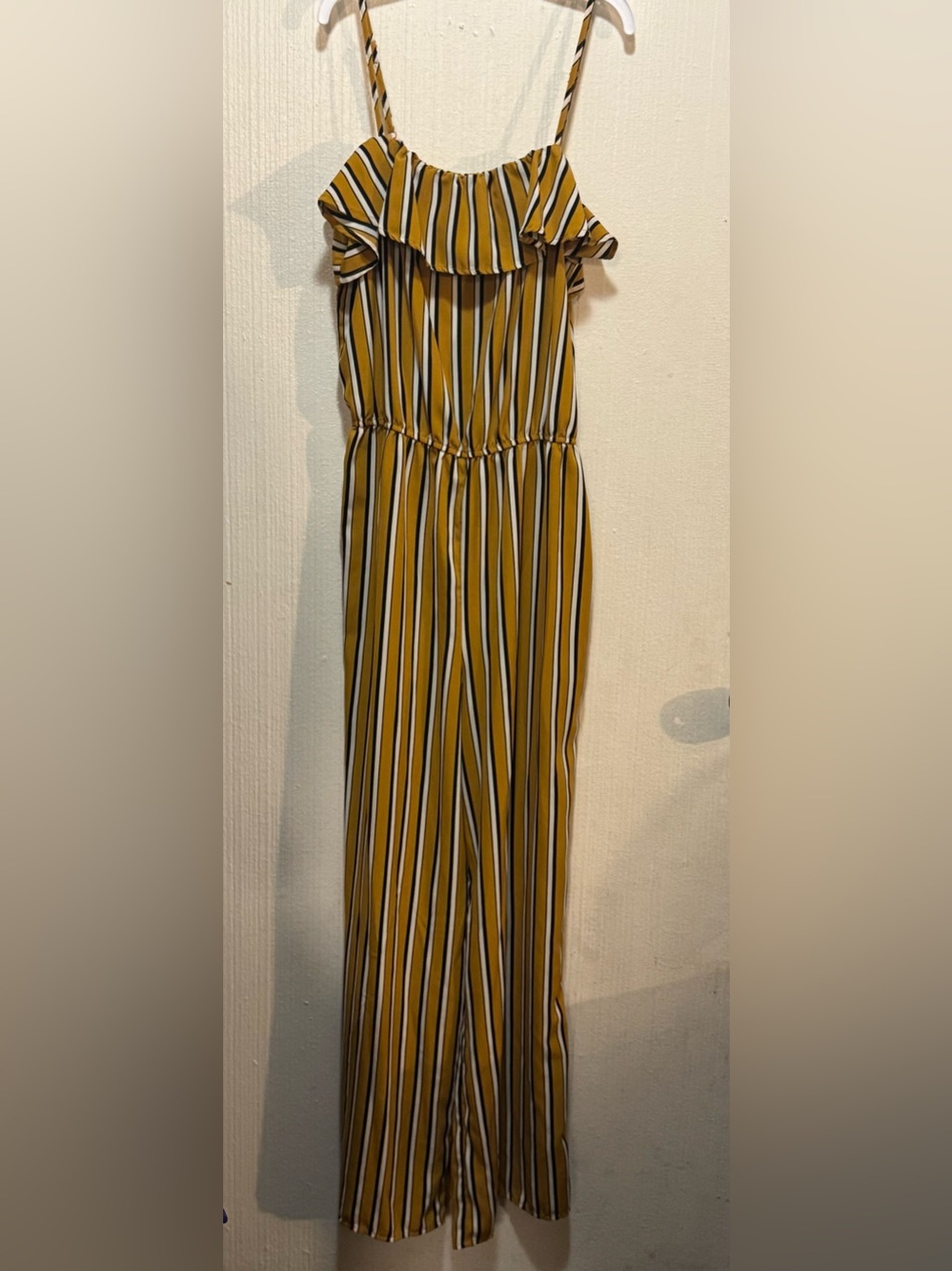 Ambiance Mustard Striped Jumpsuit with Vertical Black & White Stripes